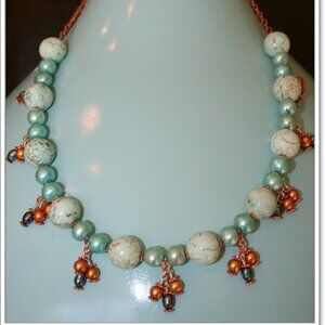 Hand made copper chain necklace semi precious stones blue Magnesite‎ beaded